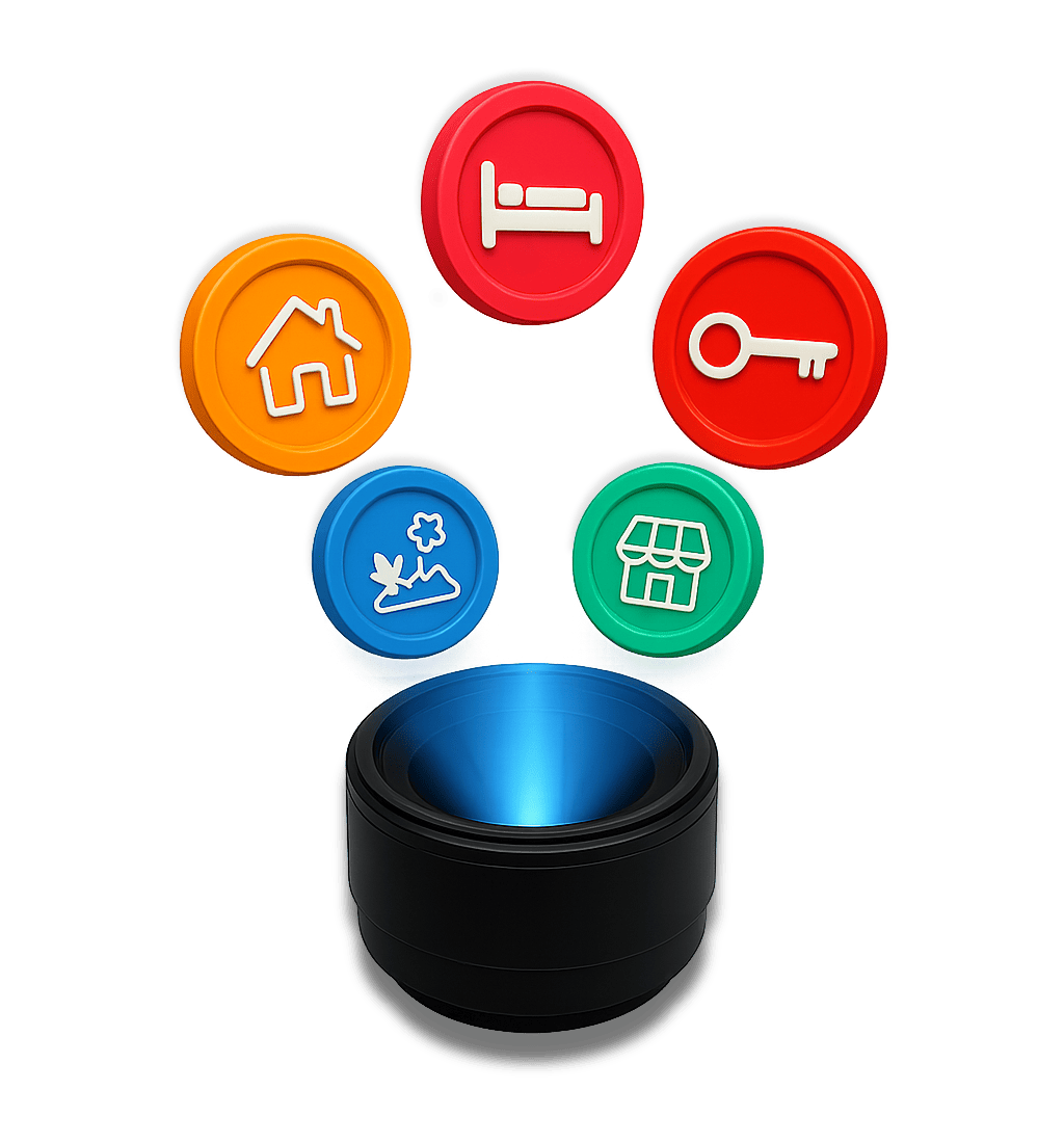 Logo par Focus&Toit représentant un objectif photo projetant cinq icônes colorées symbolisant les activités visées par les prestations de Focus&Toit: immobilier, hébergement, clé d'accès, commerce et événements.